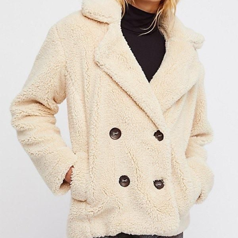 Free People Notched Teddy Peacoat Coat Faux Fur - Picture 2 of 10